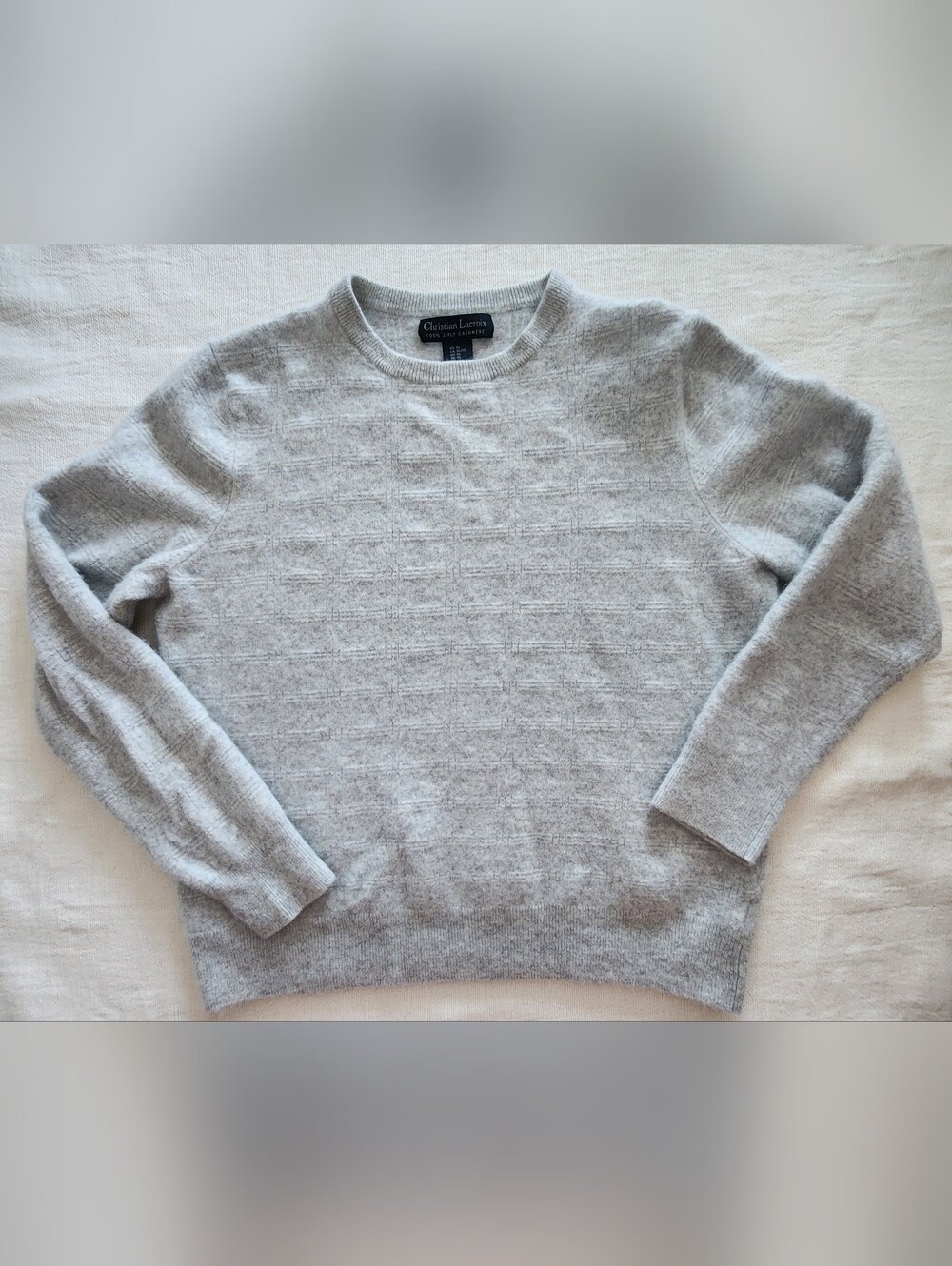Christian Lacroix 100% Cashmere Gray Grid Knit Crewneck Sweater - Size XL Fits M